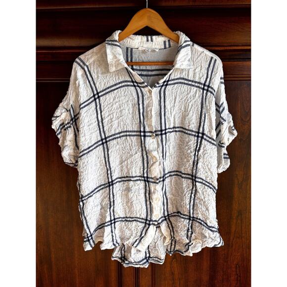 Jane + Delancey Top Women's 2X White Navy Crinkled Windowpane Plaid Button-Up - Picture 1 of 6